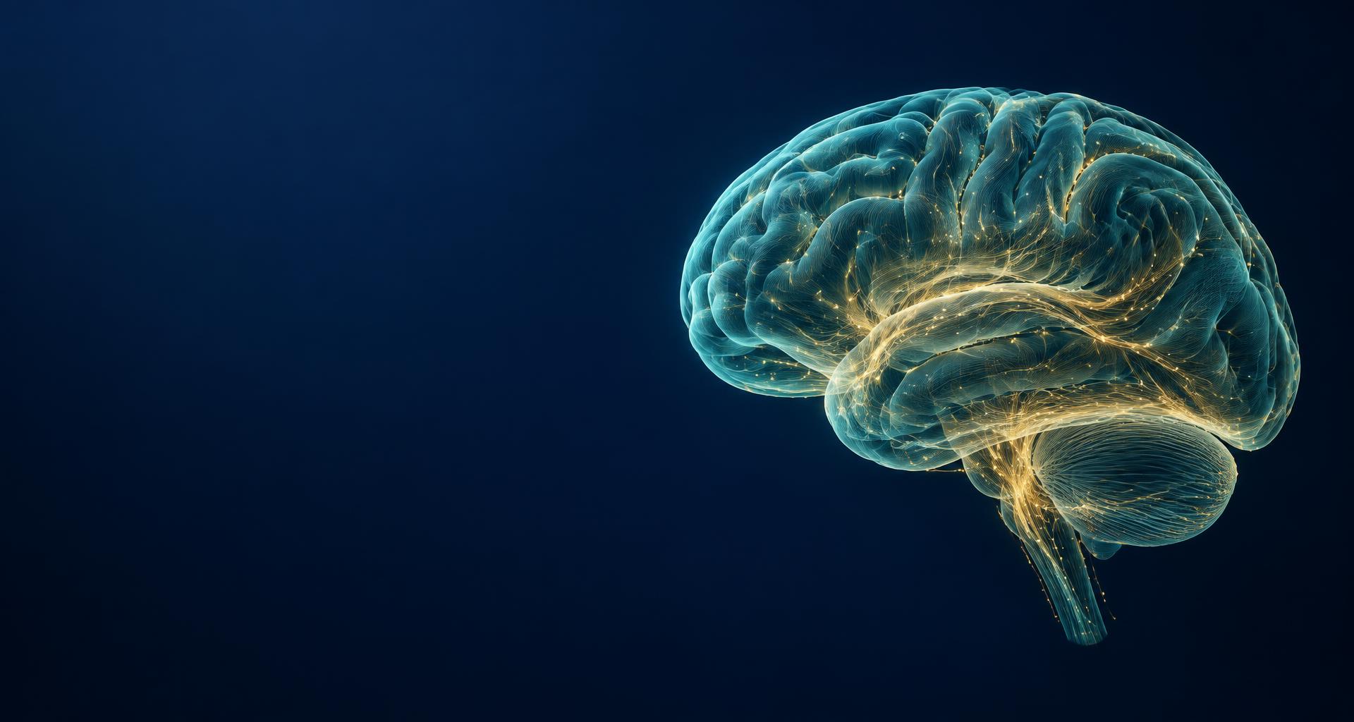 A wireframe human head formed of glowing network lines on a deep navy background